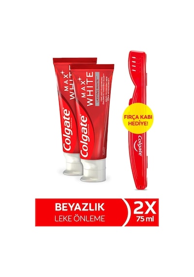 Colgate Max White Kalıcı Beyazlık Beyazlatıcı Diş Macunu 75 ml x2 Adet + Fırça Kabı Hediye
