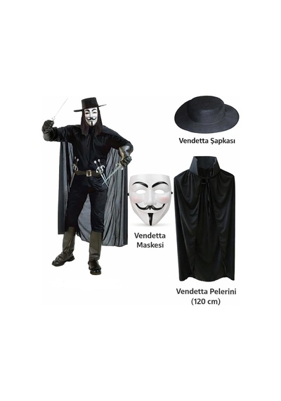 Vendetta Kostüm Seti Şapka Maske Pelerin 120 Cm