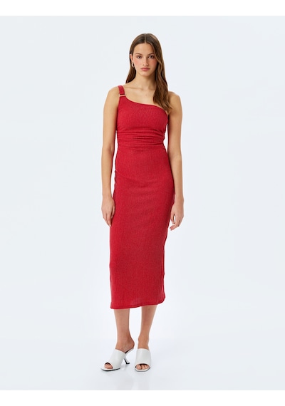 Koton Drape Detaylı Slim Fit Midi Boy Tek Omuz Elbise Kırmızı 5sak80180ek Kırmızı