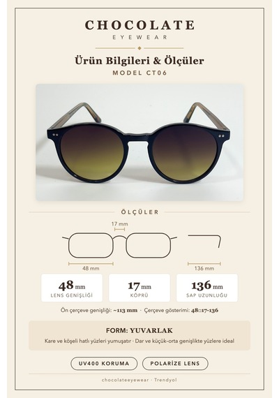 Unisex Polarize Yuvarlak Güneş Gözlüğü Kahverengi Uv400 Korumalı
