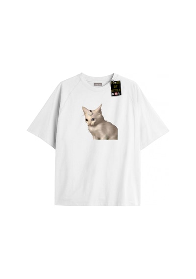 Tarzsokak Beyaz Oversize T-shirt Şaşkın Kedi Özel Tasarım