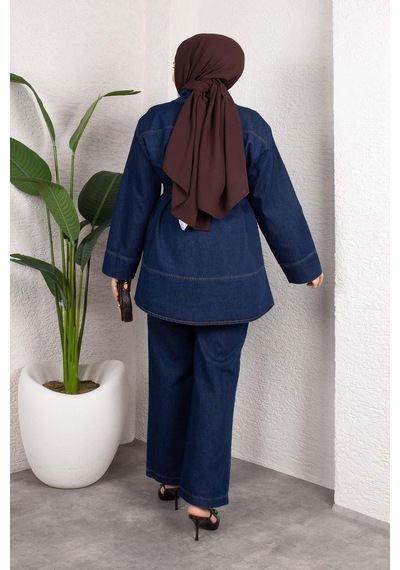 Misskayle Kuşaklı Düğmeli Denim Takım Rahat Kesim İkili Kombin Koyu Mavi Koyu