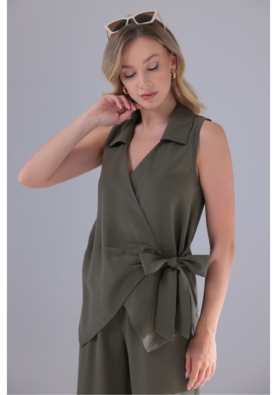 Eseclass Yandan Bağlamalı Tencel Kumaş Bluz Gömlek Haki Haki