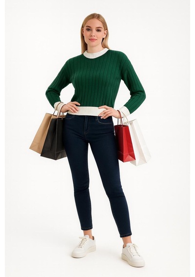 Hira Life Fashion Kadın Bisiklet Yaka Fitili Ve Şerit Detaylı Crop Triko Kısa Kazak Yeşil Yeşil Hira Life Fashion Kadın Bisiklet Yaka Fitili Ve Şerit Detaylı Crop Triko Kısa Kazak Yeşil Yeşil