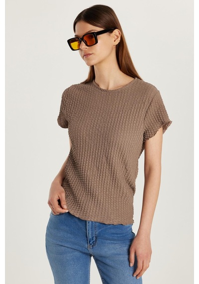 Tudors Kadın Slim Fit Dar Kesim Kısa Kollu Bisiklet Yaka Vizon Tişört-34007 Vizon