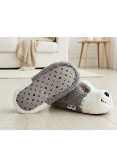 Papucumun Dünyası Unisex Yumuşak Taban Sevimli Köpek Panduf Yetişkin Ve Çocuk Kız Ve Erkek Panduf Gri