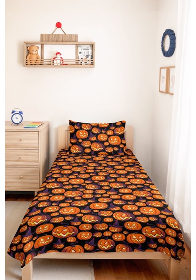 Turuncu Cadılar Bayramı Tek Kişilik Pike Takımı - Siyah Mor Geometrik 160x220 Cm Yazlık Yatak Örtüsü Ahenkli Perde Tonu