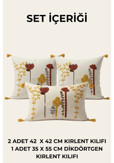 Bohem Kır Bahçesi Punch Nakışlı 3'lü Kırlent Kılıfı Seti 2 Adet 42x42 Cm + 1 Adet 35x55 Cm Bej