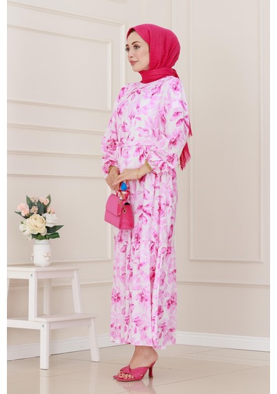 Sevitli Yarım Düğmeli Lotus Elbise-pembe-5248 Pembe
