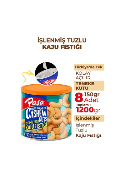 Paşa Kuruyemiş İşlenmiş Kaju Fıstığı Teneke 8 x 150 G