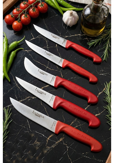 Silver Serisi Çantalı 5 Li Mutfak Gastronomi Bıçak Seti Mft-254 Kırmızı - Siyah