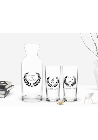 Kişiye Özel Renkli Baskılı Çelenk Baş Harfli İsimli İkili Rakı Bardağı Ve Karaf Hediye Seti-1