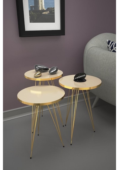 3'lü Gold Zigon Sehpa Takımı | Gold Metal Ayaklı Yuvarlak Modern Sehpa | Yan Sehpa Krem