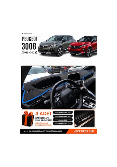 Peugeot 3008 2016-2023 Uyumlu Torpido Koruma, Torpido Örtüsü, Torpido Kılıfı - Siyah Mavi