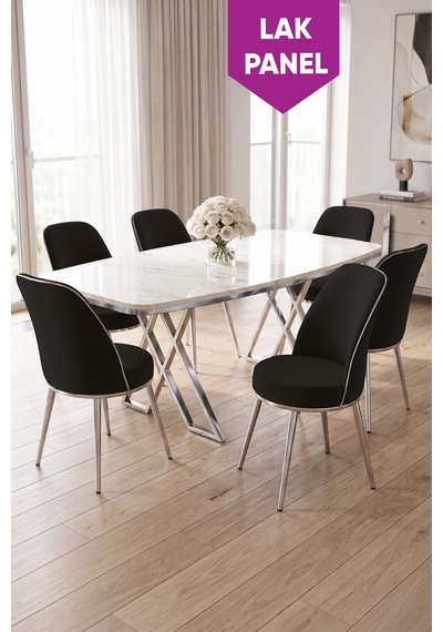 Peras Serisi 90x160 Lak Panel Beyaz Mermer Desen Krom Ayaklı Masa Takımı 6 Sandalye Beyaz Mermer Masa Siyah Sandalye Peras Serisi 90x160 Lak Panel Beyaz Mermer Desen Krom Ayaklı Masa Takımı 6 Sandalye Beyaz Mermer Masa Siyah Sandalye