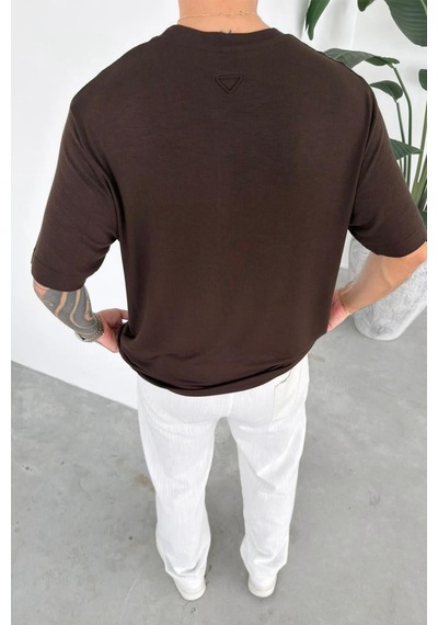 Kahverengi Basic Soft Likralı Relaxed Triko Tişört