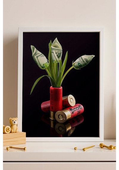Av Fişeği İçinde Dolar Çiçekleri Çerçeveli Tablo Genç Odası Gaming Room Modern Ofis Modifiye Sanat
