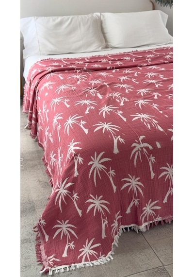 Palmiye Desen 4 Katlı Müslin Pike Yatak Örtüsü Battal Boy 240x260 Cm Kırmızı