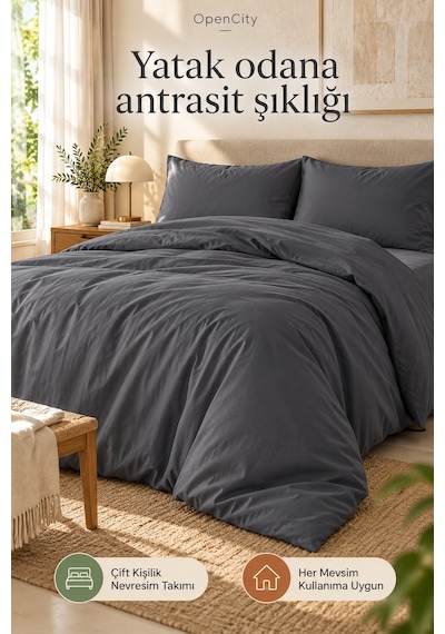 Çift Kişilik Antrasit Nevresim Takımı 4 Parça Düz Renk 180x220 Nevresim 180x240 Çarşaf 2 Yastık Klf