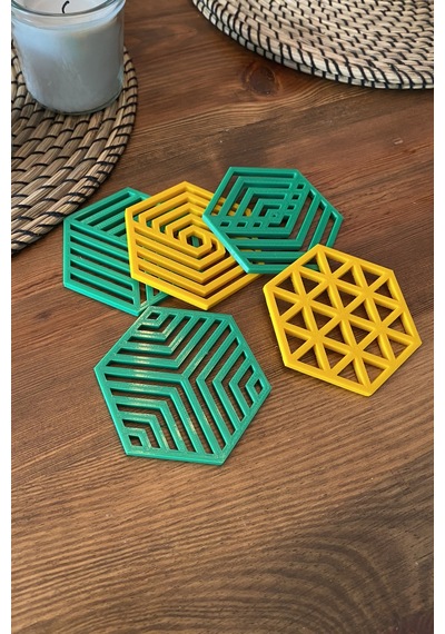 Kazanova Design Geometrik Altıgen Bardak Altlığı Seti Yeşil Ve Sarı Dekoratif