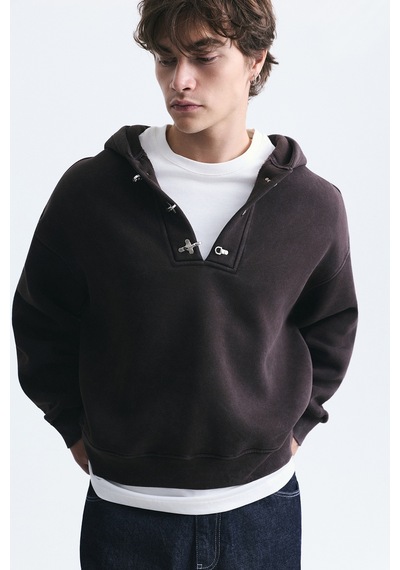 Vamos Boxy Fit Metal Klips Kapama Sweatshirt Kahve