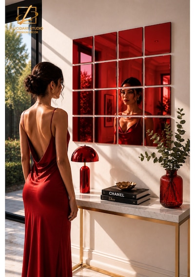 4 Adet 20x20 Dekoratif Pleksi Ayna Kendinden Yapışkanlı Duvar Aynası Gümüş Gold Rose Gold Mavi Mor Kırmızı Duvar Dekorasyonu Pleksi Ayna Kırmızı Kırmızı
