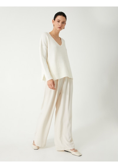 Koton Basic V Yaka Oversize Triko Kazak Yumuşak Dokulu Uzun Kollu Ekru 5wak90252ht Ekru