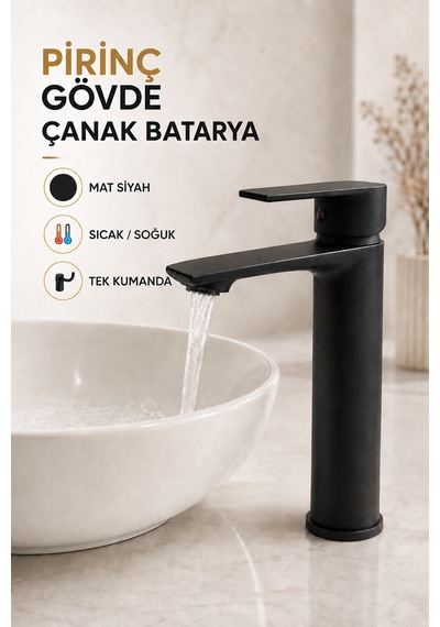 Mat Siyah Çanak Lavabo Bataryası Pirinç Gövde Yüksek Tip Tezgâh Üstü Sıcak Soğuk Banyo Musluğu
