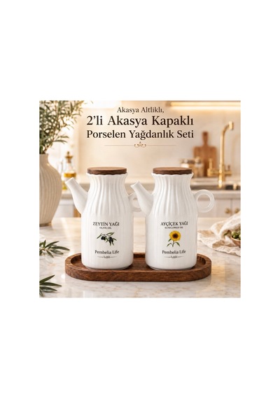 Akasya Standlı 2 Li Porselen 1000 Ml Yağdanlık Seti Yağlık Sirkelik Takım Beyaz Beyaz