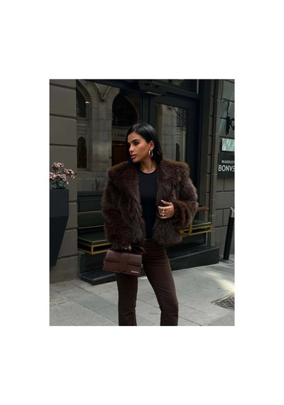 Glammoss L'atelier Kabarık Yaka Kürk Ceket Glm-579 Kahverengi Kahverengi