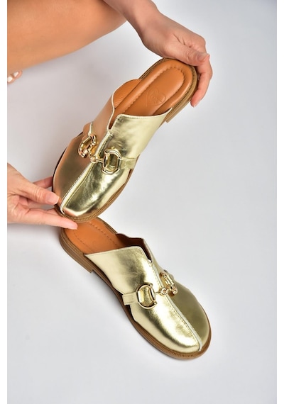 Fox Shoes U944150403 Altın Hakiki Deri Önü Kapalı Kadın Terlik