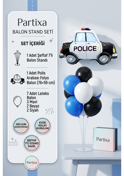 Polis Arabası Balon Stand Seti Şeffaf 7 Li Stand + Polis Arabası Folyo Balon 76 59 Cm + 7 Lateks Balon