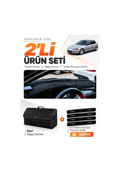 Honda Civic Eg-ex-el 1994-2000 Uyumlu Torpido Örtüsü + Deri Bagaj Çantası + Sticker Seti - Siyah