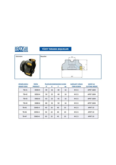 Mertsan Yüzey Tarama Başlığı D063-6 63x45 Mm Takım Ölçüsü, 6 Adet Apkt 1604 Kesici Uç Kullanır