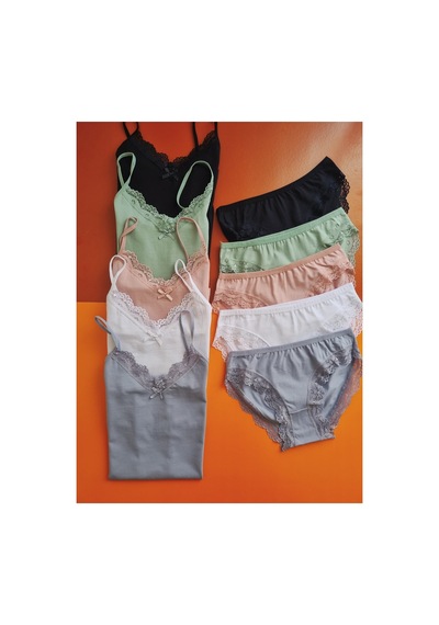 Demirsa Boutique Dantelli İp Askılı 5'li Pudra, Yeşil, Mavi, Siyah Ve Beyaz Renk Kadın Atlet Külot Takım Çok Renkli Demirsa Boutique Dantelli İp Askılı 5'li Pudra, Yeşil, Mavi, Siyah Ve Beyaz Renk Kadın Atlet Külot Takım Çok Renkli