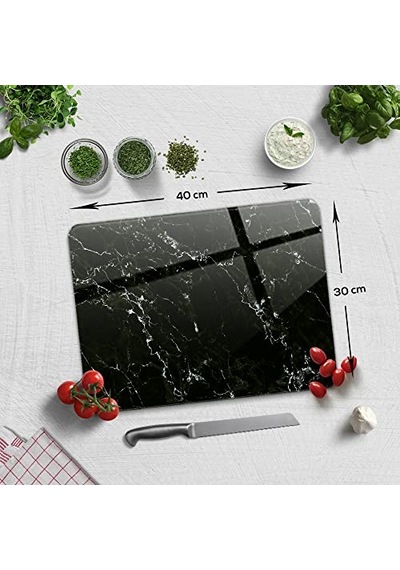 Siyah Mermer Görünümlü Cam Kesme Tahtası 30cm X 40cm Çok Renkli