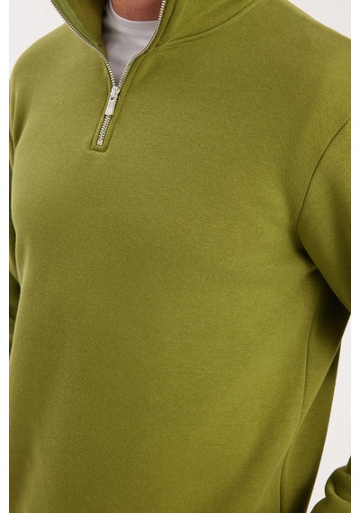 Tudors Unisex Relax Fit Rahat Kesim Pamuklu İçi Polarlı Yarım Fermuarlı Haki Dik Yaka Sweatshirt-31452