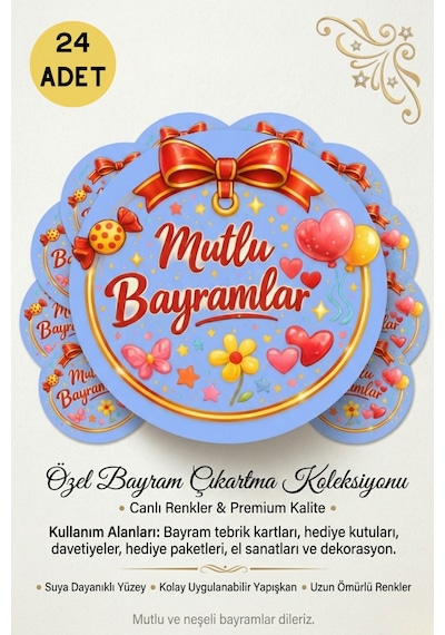 24'lü Mutlu Bayramlar Sticker Seti Bayram Hediyelik Etiket, Şeker Paketi Sticker, Bayram Süsü Çok Renkli