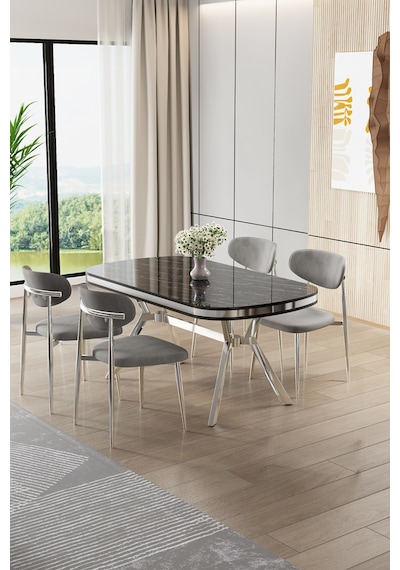 Canisa Olya Serisi 90x168 Lak Panel Sonata Masa Takımı Krom Ayaklı 4 Gri Sandalye Sonata Masa Gri Sandalye Canisa Olya Serisi 90x168 Lak Panel Sonata Masa Takımı Krom Ayaklı 4 Gri Sandalye Sonata Masa Gri Sandalye