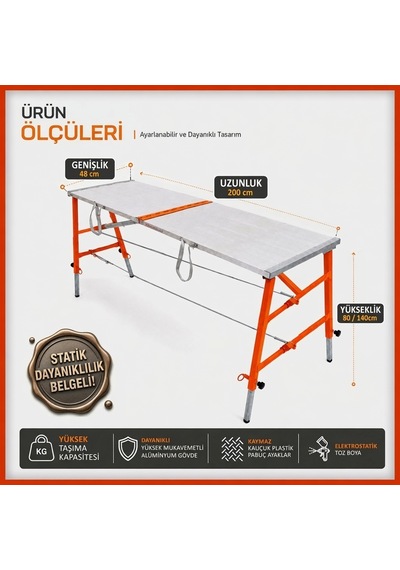 Alüminyum Gövdeli Çelik Ayaklı Teleskopik Katlanır İnşaat İskelesi - 400 Kg Taşıma Kapasitesi 140x48x200cm -