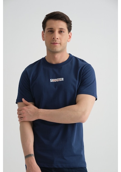 Shooter Sportwear Shooter Erkek T-shirt Minimal Baskılı Pamuklu Kumaş Standart Kalıp İndigo