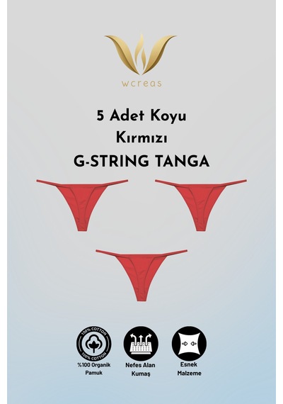 Wcreas Kadın İpli Tanga, Pamuklu Yumuşak Kumaş G-string Tanga 5'li Paket Bordo Bordo
