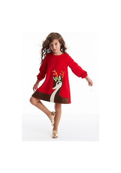 Denokids Yavru Geyik Kız Kadife Kırmızı Yılbaşı Elbise Kırmızı