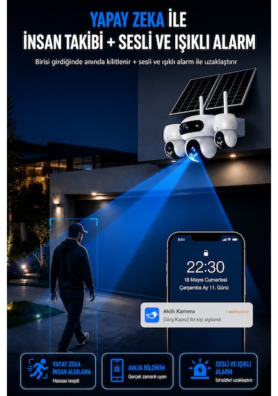 SIM-5874 Çift Solar Panelli 4G SIM Kartlı 3 Lensli PTZ Akıllı Dış Mekan Güvenlik Kamerası HD Suya Dayanıklı IP Kamera