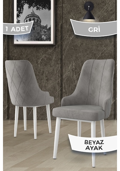 Canisa Concept Trex Seri Babyface Kumaş Gri Sandalye- Beyaz Metal Ayak Sandalye Gri Ayakları Beyaz