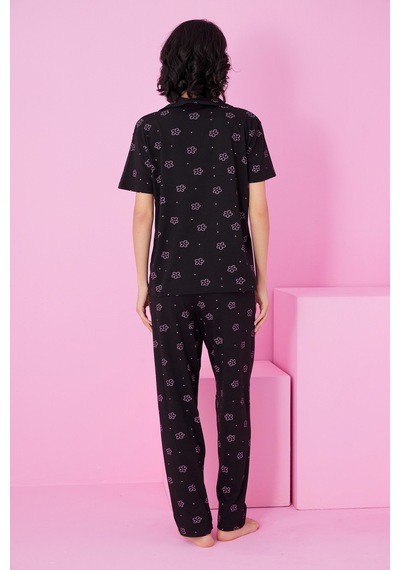 Siyah İnci Gömlek Yaka Düğmeli Örme Pijama Takım Siyah Pembe Çiçek