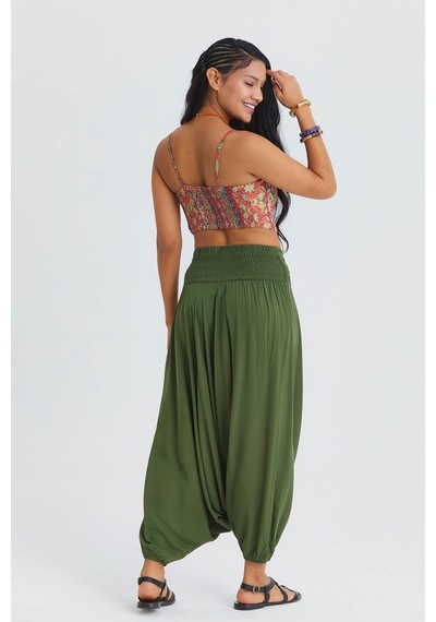 Drape Detay Beli Lastikli Şalvar Pantolon Açık Haki