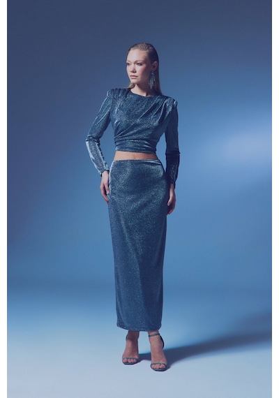 Sateen Simli Midi Etek - Antrasit-135383 Antrasit