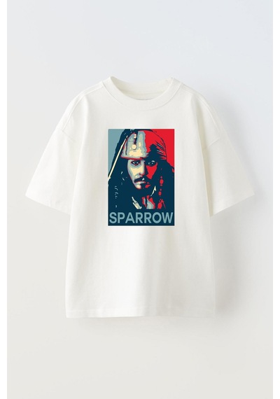Thewert Unisex Jack Sparrow Tasarım Baskılı Pamuk Beyaz Oversize T-shirt