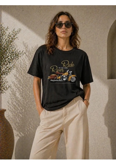 Efnaz Style Motosiklet Baskılı Tişört Bisiklet Yaka Kısa Kol Yazlık T-shirt - Siyah